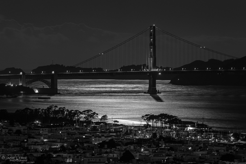 San Francisco, Golden Gate Bridge, Black and White, Monochrome, Night Photography, 